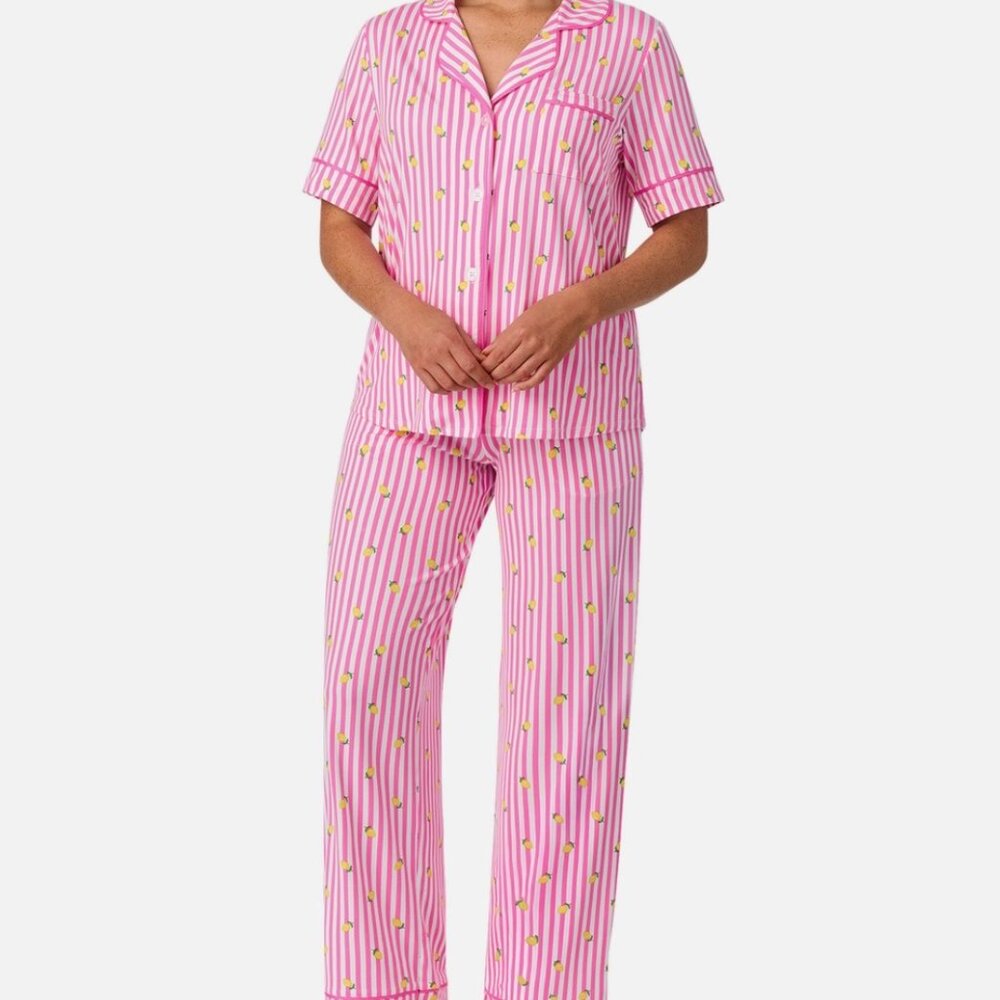 Women's Notch Collar Pink (Lemon Stripe) Pajama Set
